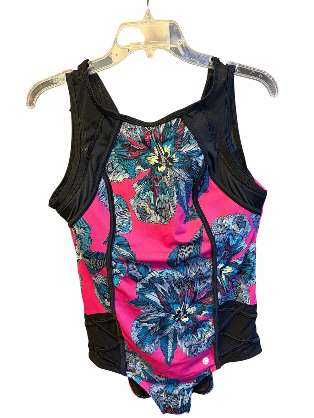 Cacique Floral One Piece Swimsuit Mesh High Neck Zip Back Size 16